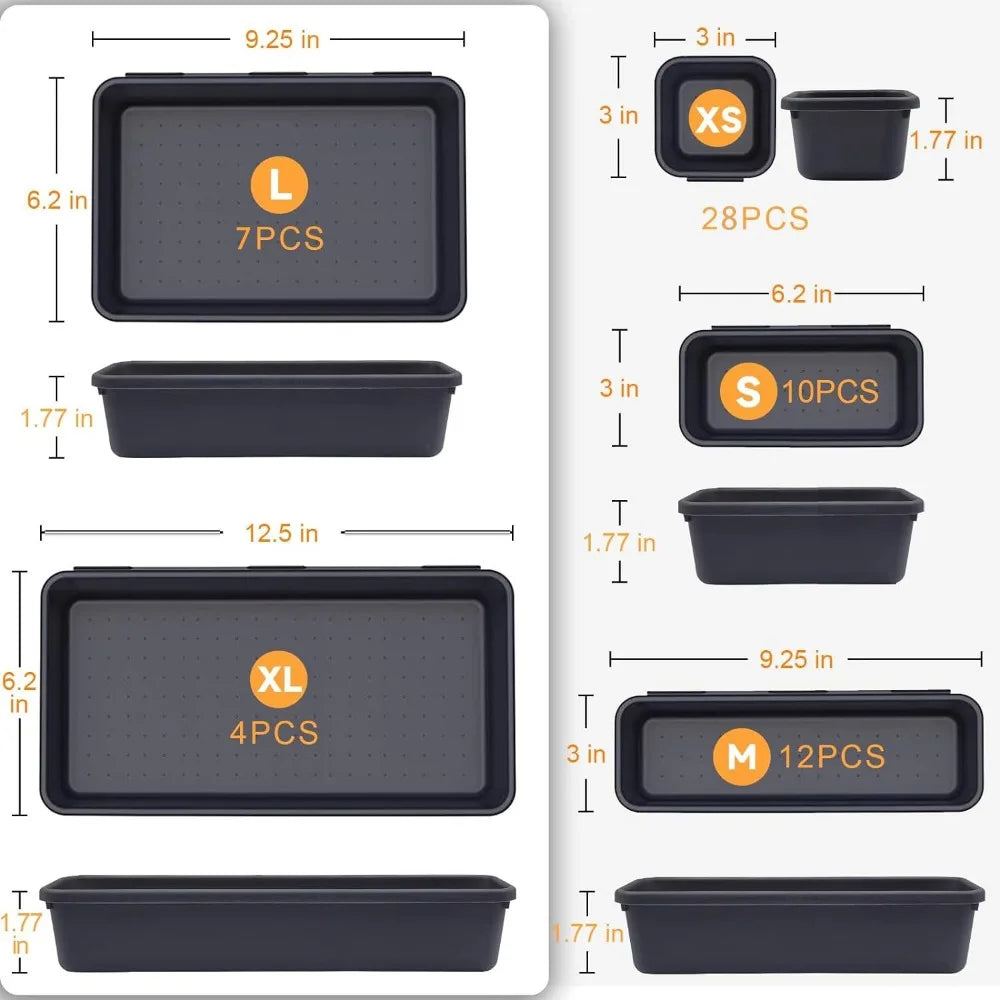 Organizadores de gaveta de mesa, 61/45/34/24/9 peças, 5 tamanhos, intertravamento, ferramenta rasa, bandeja, divisores, caixa de ferramentas, armazenamento, recipiente