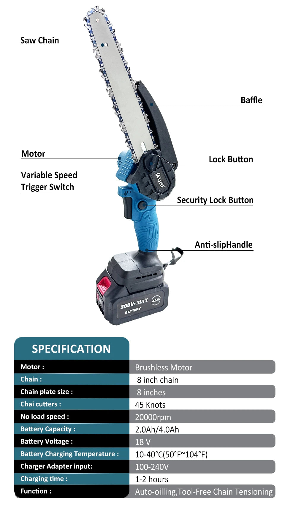 JAUHI-serra elétrica sem escova, motosserra portátil, ferramenta de poda para Makita 18V bateria, portátil, cortador de madeira, 8"